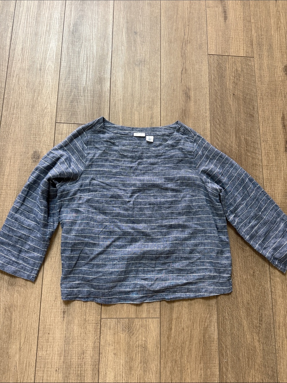 Sigrid Olsen Striped Navy Blue Linen-Blend Boatneck Top 3/4 Sleeve Size Large